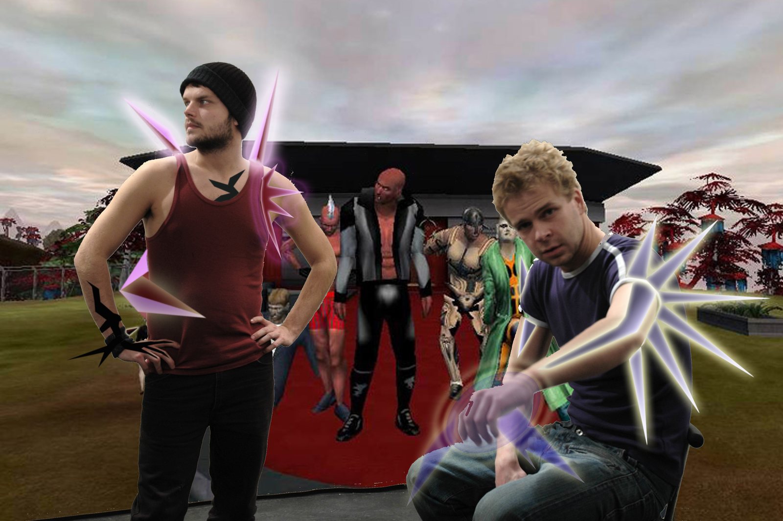 Hybrid mode posing — figures with neon graphics on the red carpet