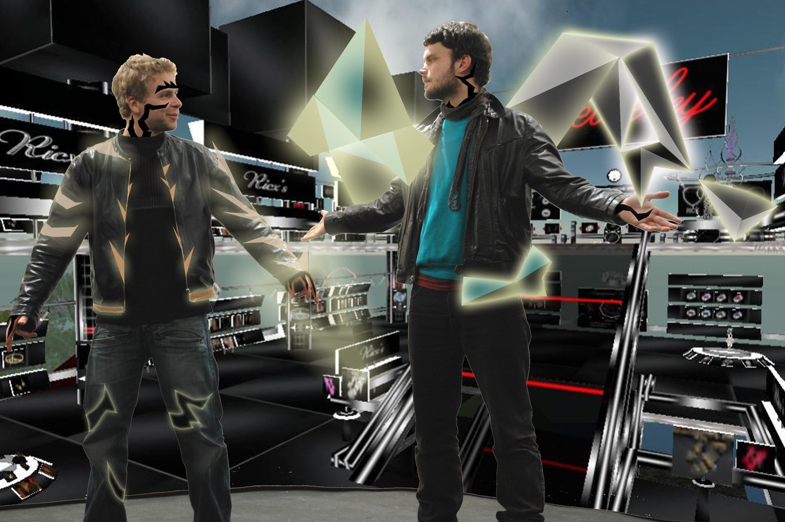 Hybrid mode — two figures posing with neon graphic effects on a red carpet