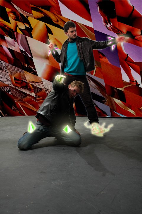 Hybrid mode — a model kneeling before a graffiti wall with neon graphics