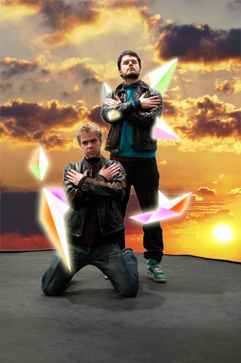Hybrid mode — two models posing against a burning sunset with neon stars